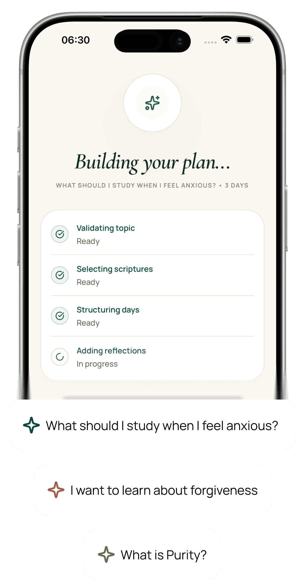 Kyrros building a plan from study prompts and selecting Scripture