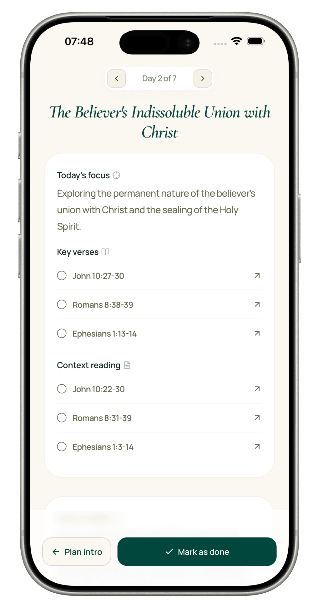 Kyrros daily study reader with key verses and a mark as done action