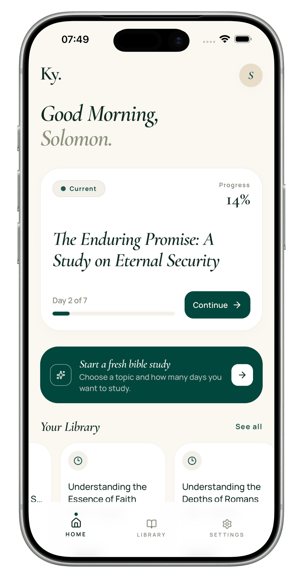 Kyrros home screen showing current study progress and library